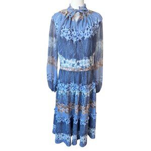 Vintage Cathy Gray Boho Floral Pleated Midi Dress Size 16 Romantic Modest Church